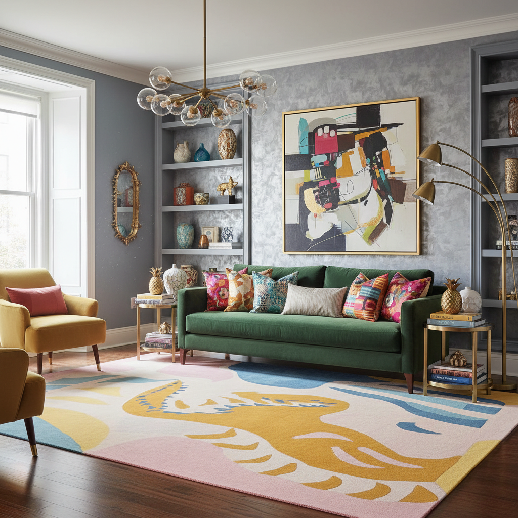 Living room with a green sofa, colorful rug, and decorative wall art.