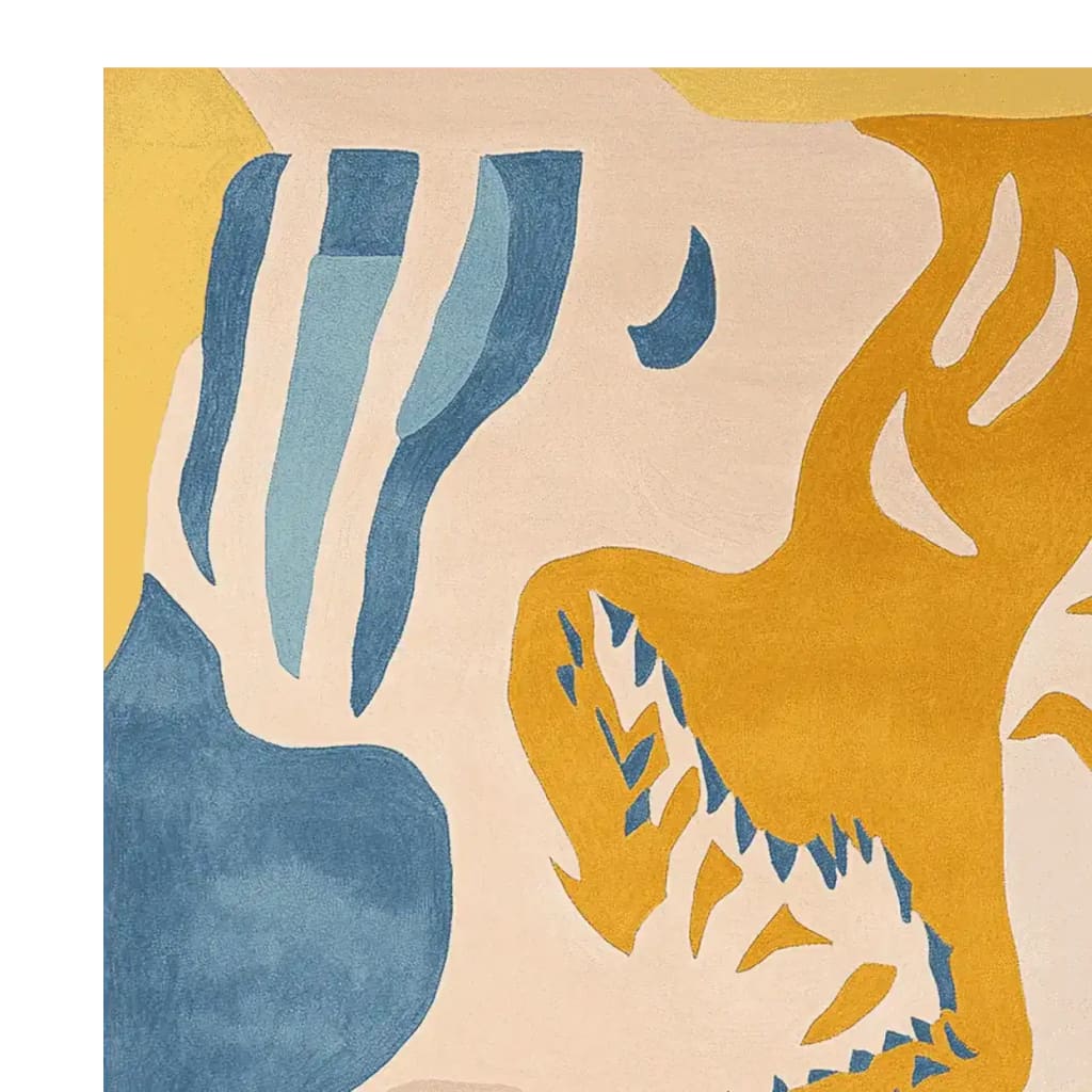 This vibrant area rug showcases an abstract design with rich blue and golden hues, perfect for adding a contemporary touch to any living room. Hand-tufted from wool, this rug combines style and durability, making it an ideal choice for those seeking area rugs for living room spaces.