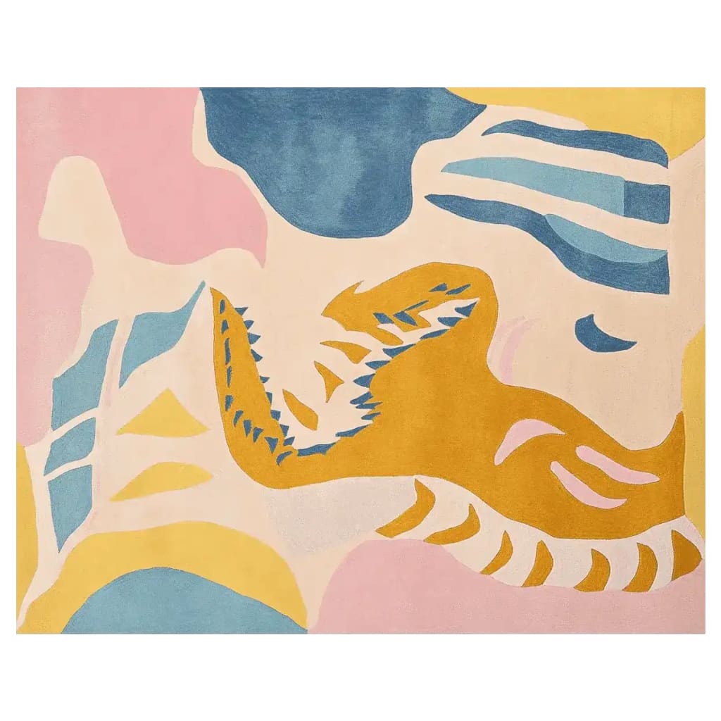 Vibrant Contour Clash Heat Hand Tufted Area Rug featuring an abstract design with bold colors including blue, pink, yellow, and mustard. This contemporary wool rug adds a splash of modern art to any living room space, making it a standout choice for area rugs for living room or rugs for living room.