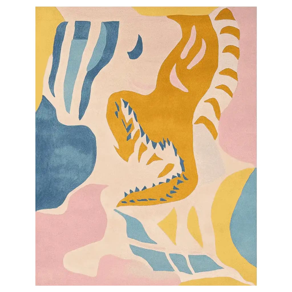 Top view of the Contour Clash Heat Hand Tufted Rug displaying a vibrant abstract design with bold colors. This area rug features an artistic blend of blue, yellow, and pink hues, making it a perfect contemporary wool rug for living room decor.