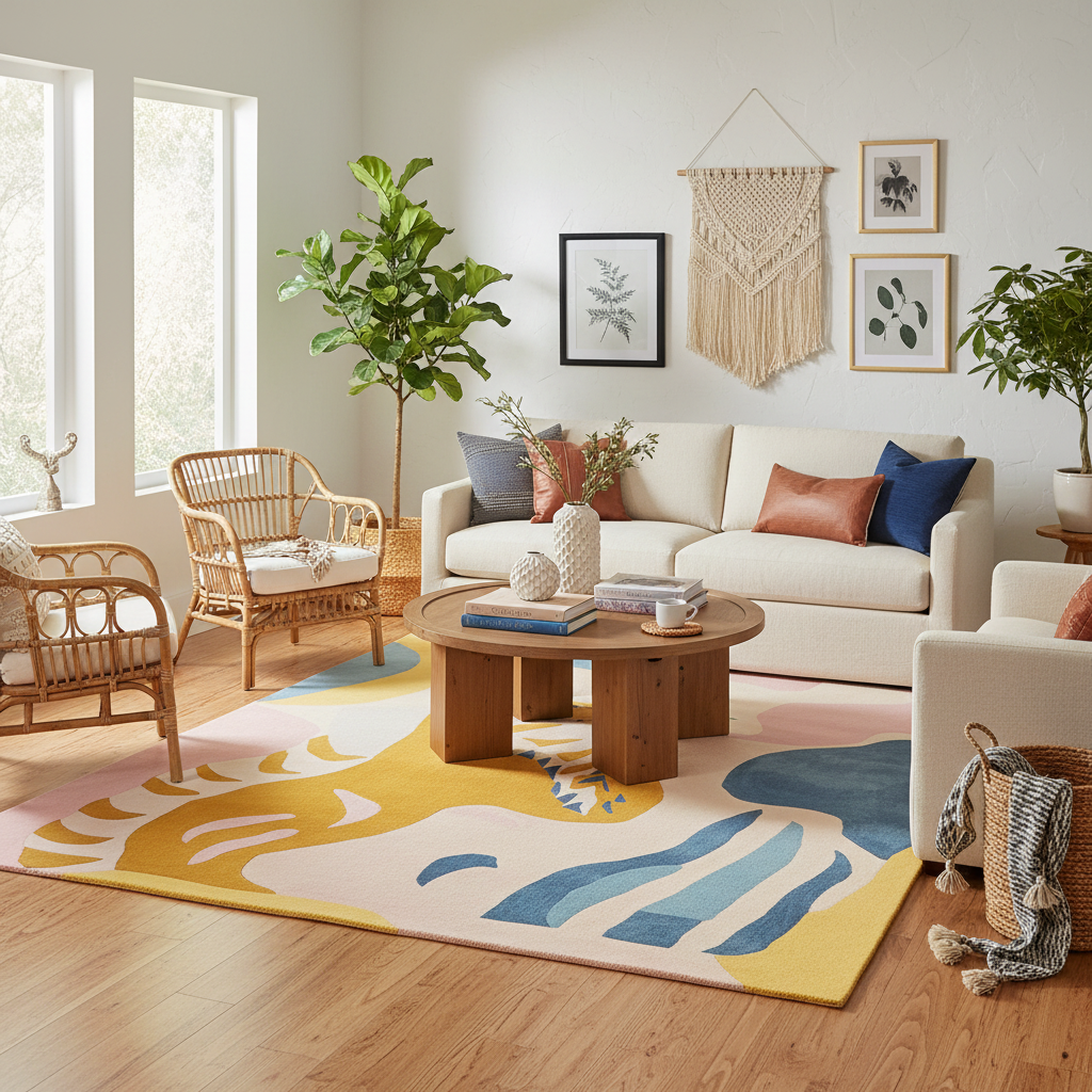 Living room with a colorful rug, wooden coffee table, and white sofa.
