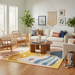 Living room with a colorful rug, wooden coffee table, and white sofa.