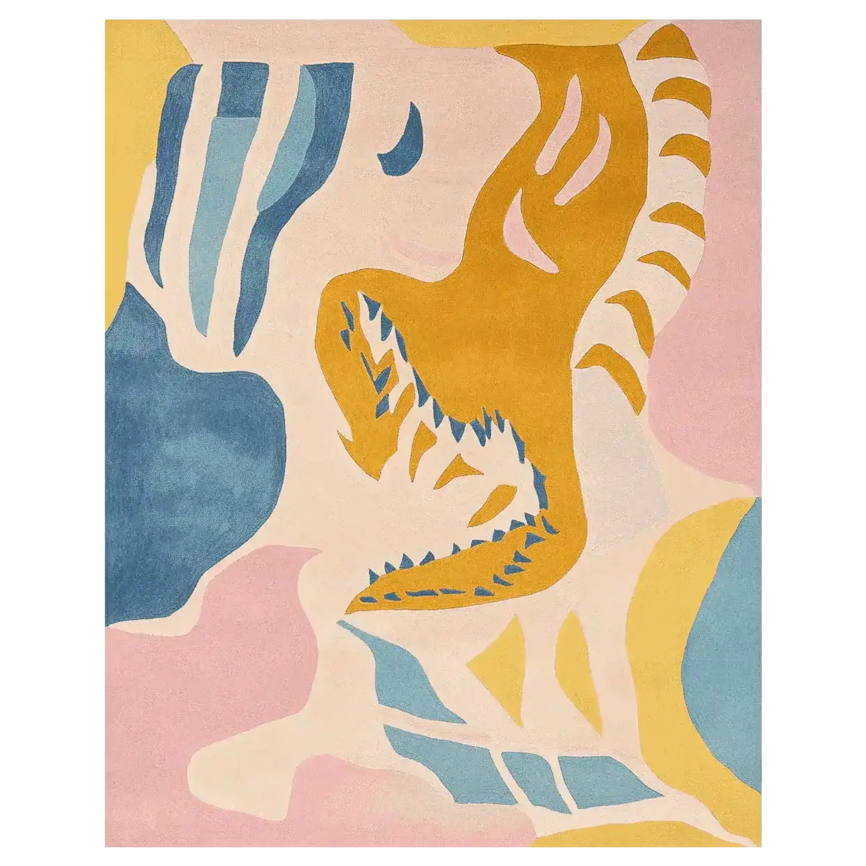 Top view of the Contour Clash Heat Hand Tufted Rug displaying a vibrant abstract design with bold colors. This area rug features an artistic blend of blue, yellow, and pink hues, making it a perfect contemporary wool rug for living room decor.