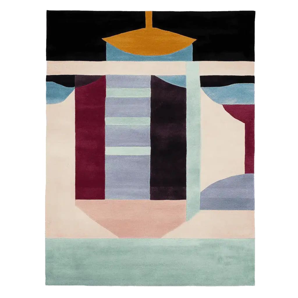 This unique area rug, titled 'Contour Form Study Hand Tufted Rug,' showcases a contemporary design with abstract geometric patterns in muted tones. Perfect for adding a modern touch to your living room, this 8x10 wool rug combines style and comfort, ideal for any living space.