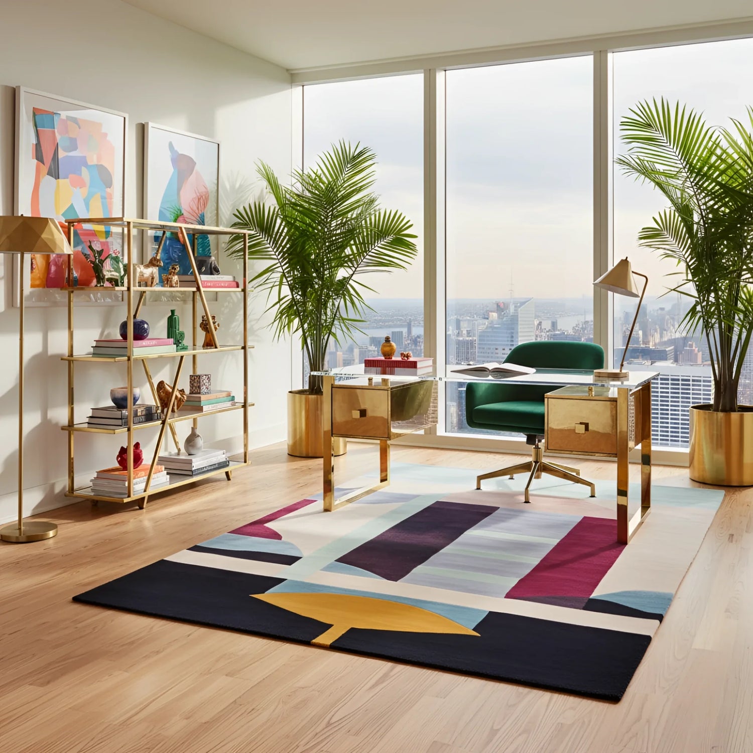 Modern office with a large window view, colorful rug, and decorative plants.