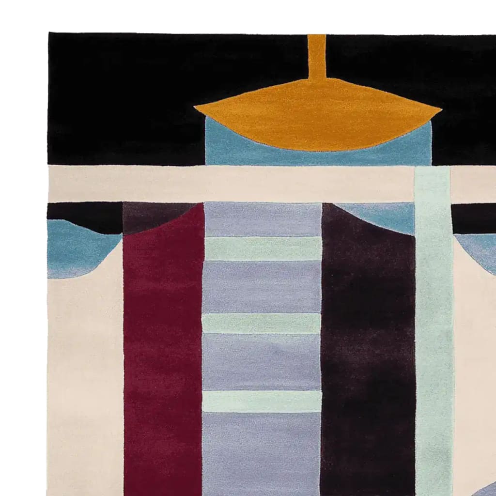 Top view of a Contour Form Study Hand Tufted Area Rug showcasing a contemporary abstract design with bold geometric shapes in black, mustard, burgundy, and soft blues. Perfect for adding a touch of modern elegance to living room spaces, this wool rug measures 8x10, making it an ideal choice for large living room area rugs.