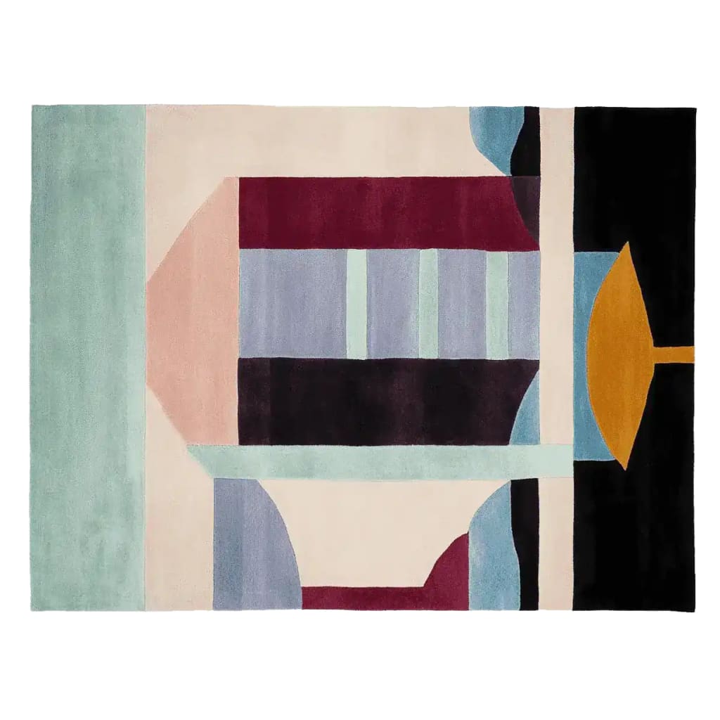 This vibrant area rug features an abstract design with bold geometric shapes in shades of teal, burgundy, and mustard. Perfect for adding a contemporary touch to your living room, this 8x10 wool rug is hand-tufted for a luxurious feel.