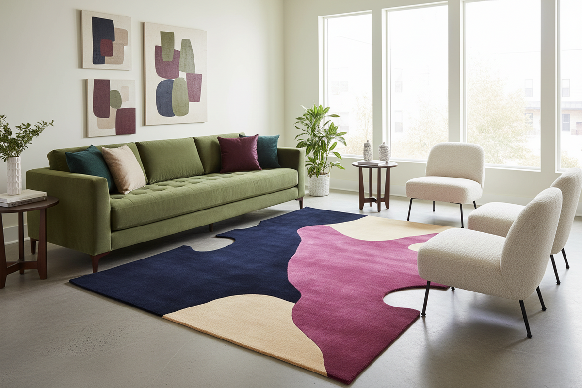 Modern living room with a green sofa, colorful rug, and decorative wall art.