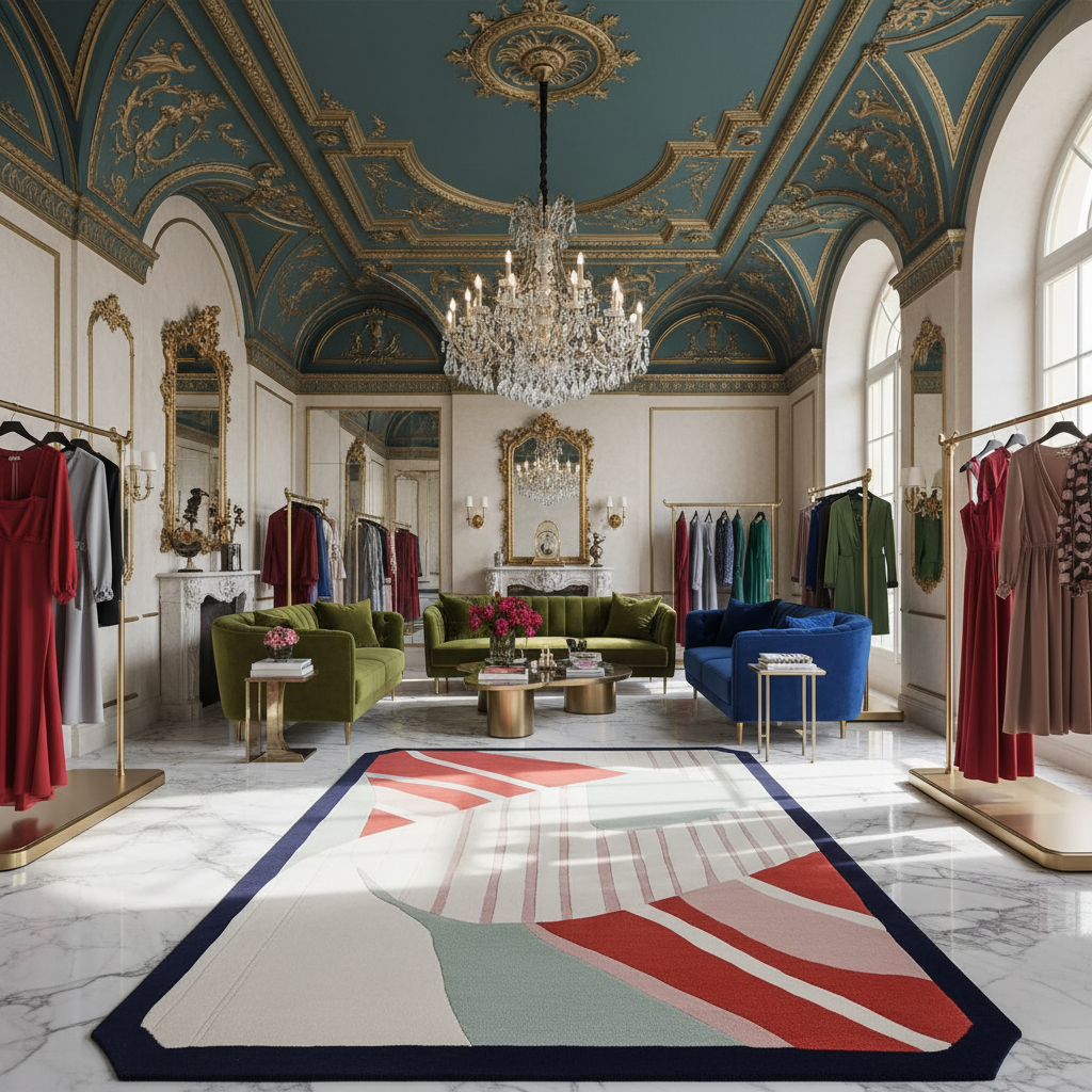 Luxurious interior design with ornate ceiling, chandelier, a contemporary hand-tufted wool rug, and colorful furniture.