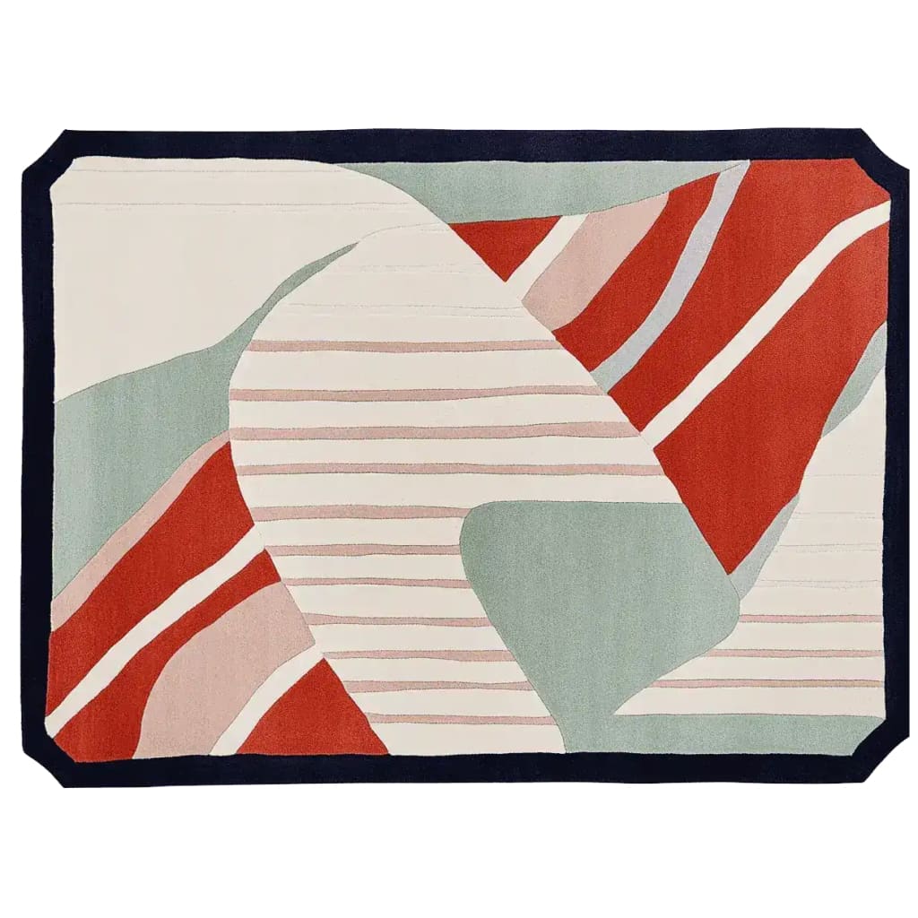A contemporary wool area rug featuring an abstract design with bold red, green, and cream colors. This hand-tufted 8x10 rug is ideal for adding a modern touch to living room spaces.