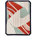 A contemporary hand-tufted area rug featuring an abstract design with bold red, beige, and muted green shapes outlined by a dark border. Ideal for adding a modern touch to living room spaces, this wool rug measures 8x10, offering both style and comfort.
