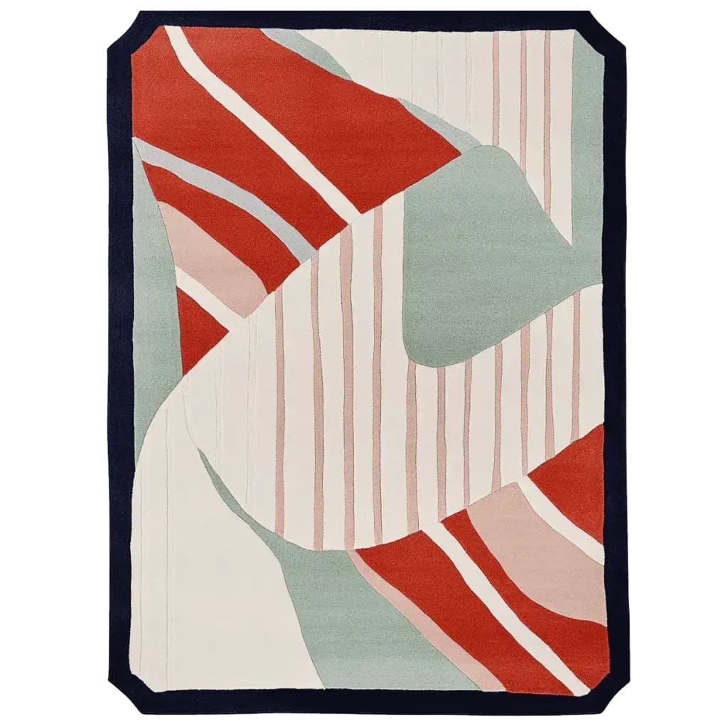 A contemporary hand-tufted area rug featuring an abstract design with bold red, beige, and muted green shapes outlined by a dark border. Ideal for adding a modern touch to living room spaces, this wool rug measures 8x10, offering both style and comfort.