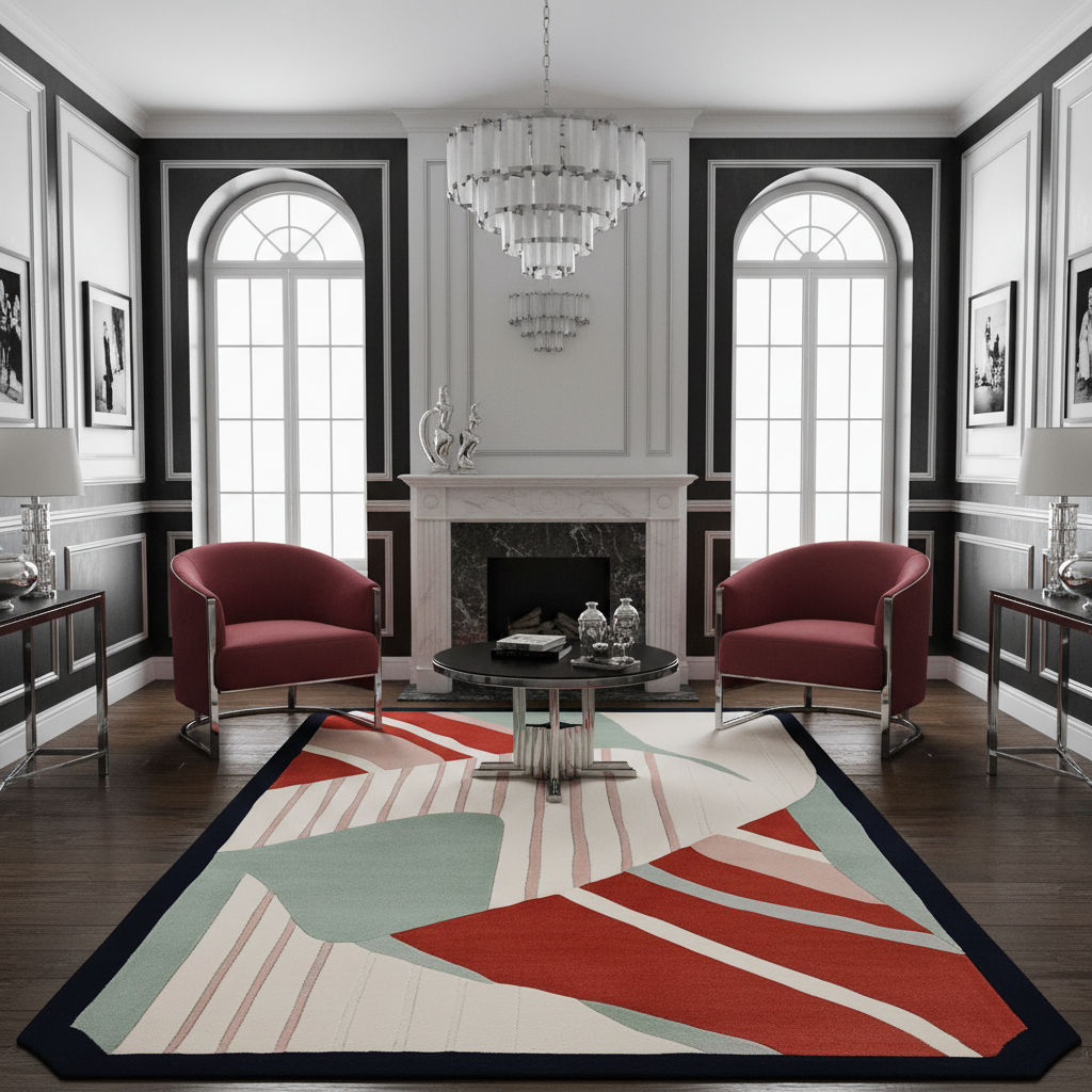 Modern living room with a geometric rug, red armchairs, and a chandelier.