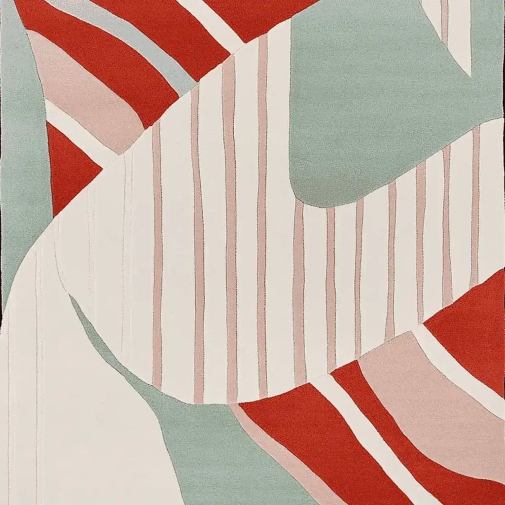 Top view of a contemporary hand-tufted area rug featuring an abstract design with bold red, muted green, and cream colors. Ideal for enhancing living room spaces, this wool rug in an 8x10 size adds a modern touch to any decor.