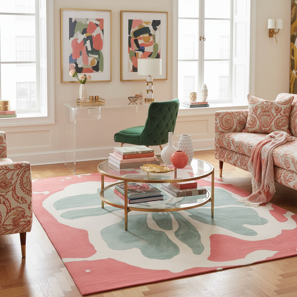Living room with a colorful rug, furniture, and abstract art on the walls.