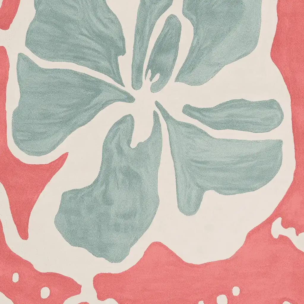 Close-up view of the Contour Petal Flow Hand Tufted Area Rug, showcasing its contemporary abstract floral design in soft teal and coral hues. Perfect for large living rooms, this wool rug adds a stylish touch to any space, making it an ideal choice for those seeking modern rugs for living rooms.