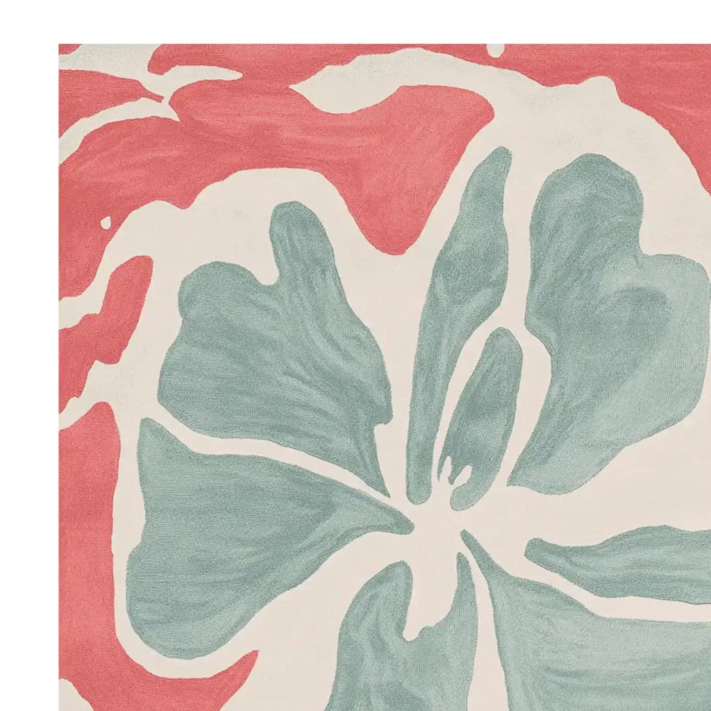 This image showcases a close-up view of the Contour Petal Flow Hand Tufted Rug, featuring an abstract floral design with soft hues of teal and coral. Perfect for adding a touch of style to large living room spaces, this wool area rug offers a contemporary look, making it a standout piece among rugs for living room settings.