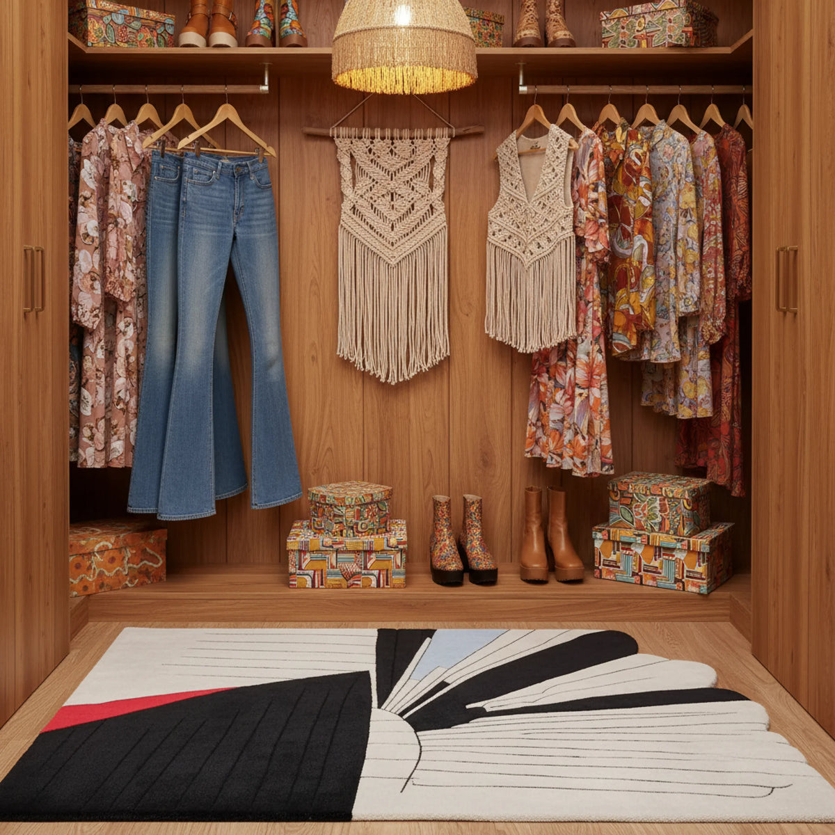 Closet with hanging clothes, jeans, and decorative items on a wooden floor.