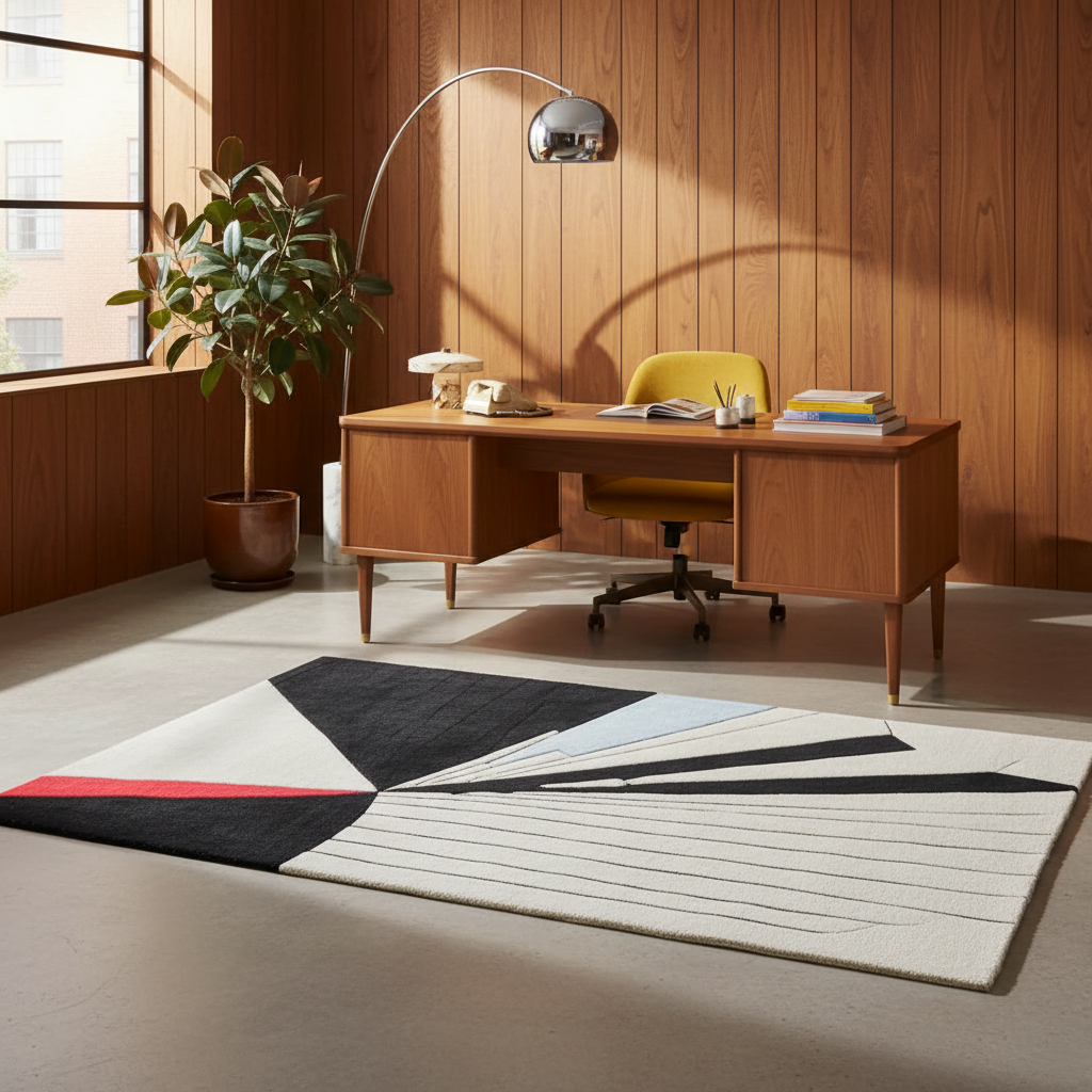 Modern office with wooden desk, chair, and decorative rug.