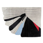 This Contour Wing Abstraction Hand Tufted Area Rug features a modern design with bold black, red, and blue shapes. Ideal for large living rooms, this wool rug adds a contemporary touch to any space, perfect for those seeking stylish area rugs for living room decor.