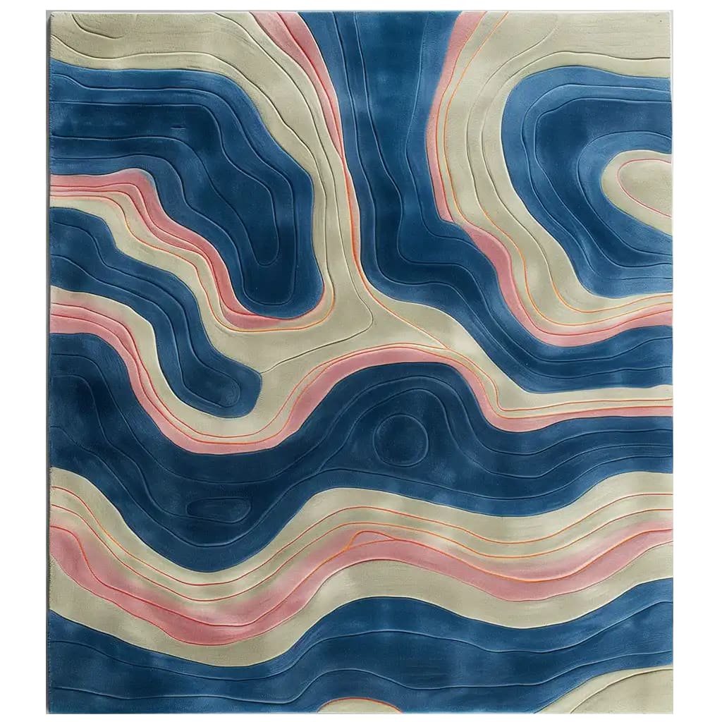 A vibrant area rug featuring an abstract design with flowing contours in shades of blue, pink, and beige, resembling topographical lines for a modern, artistic look.