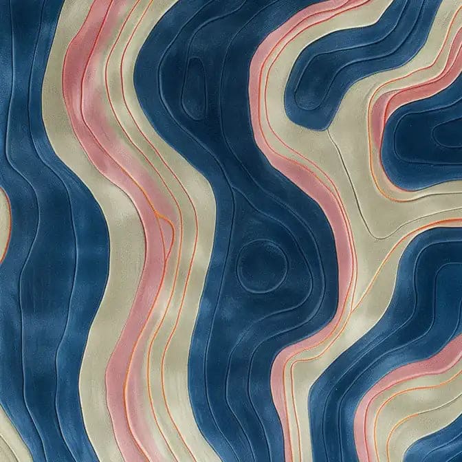 A close-up view of the Contoured Tranquility Hand Tufted Wool Rug featuring a mesmerizing abstract design. The area rug showcases flowing patterns in shades of blue, pink, and cream, creating a tranquil and artistic look.
