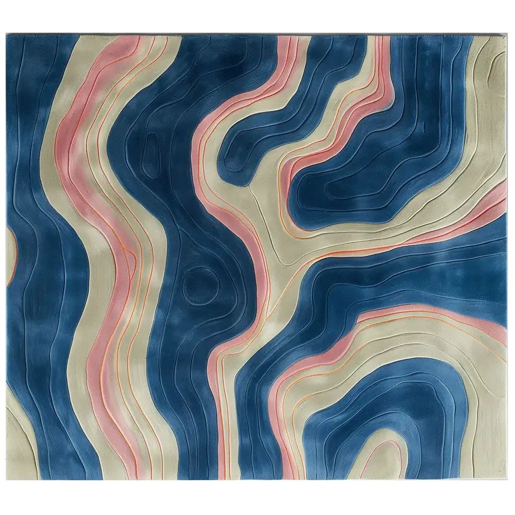 A stunning area rug with a contoured design featuring swirling patterns in blue, pink, and beige, creating a tranquil and abstract look.