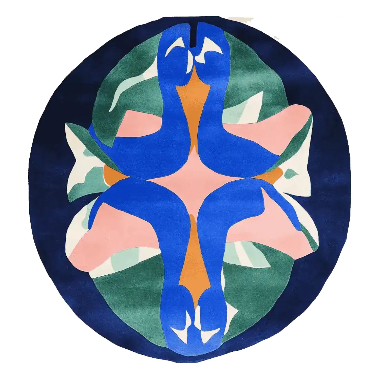 A vibrant, abstract design round area rug, perfect for contemporary living rooms. This hand-tufted wool rug features bold blue, pink, and green shapes, ideal as a centerpiece in any living room area.