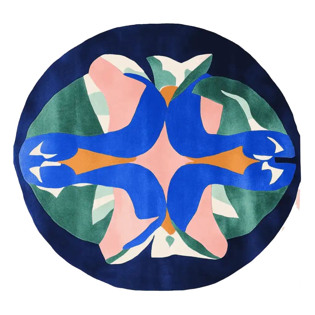 A vibrant, contemporary hand-tufted round area rug featuring a bold abstract design in blue, pink, green, and orange. Ideal for adding a modern touch to living room spaces, this wool rug combines artistic flair with functional style, perfect for those seeking unique living room area rugs.