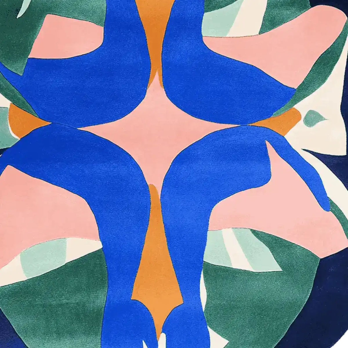 Vibrant and artistic area rug featuring a bold abstract design with blue, pink, and green shapes. Ideal for modern living rooms, this contemporary wool rug adds a splash of color and style as a round rug centerpiece.