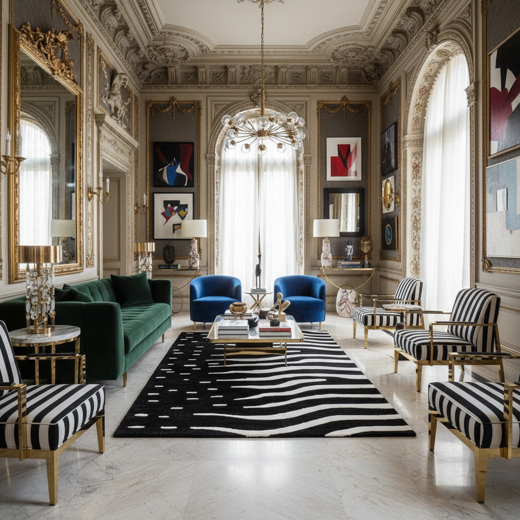 Luxurious living room with ornate decor, green sofa, blue chairs, and a black and white rug.