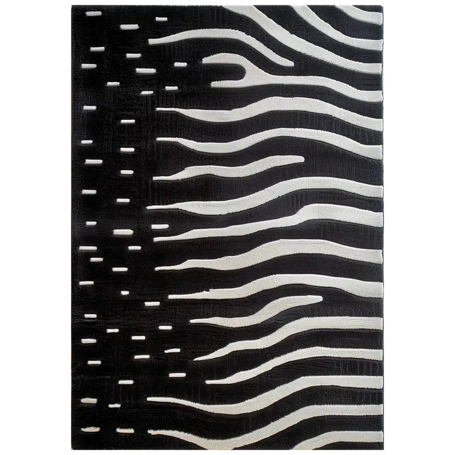 A stylish area rug with a bold black and white abstract pattern, resembling zebra stripes, hand tufted in wool, adding a modern touch to any room.