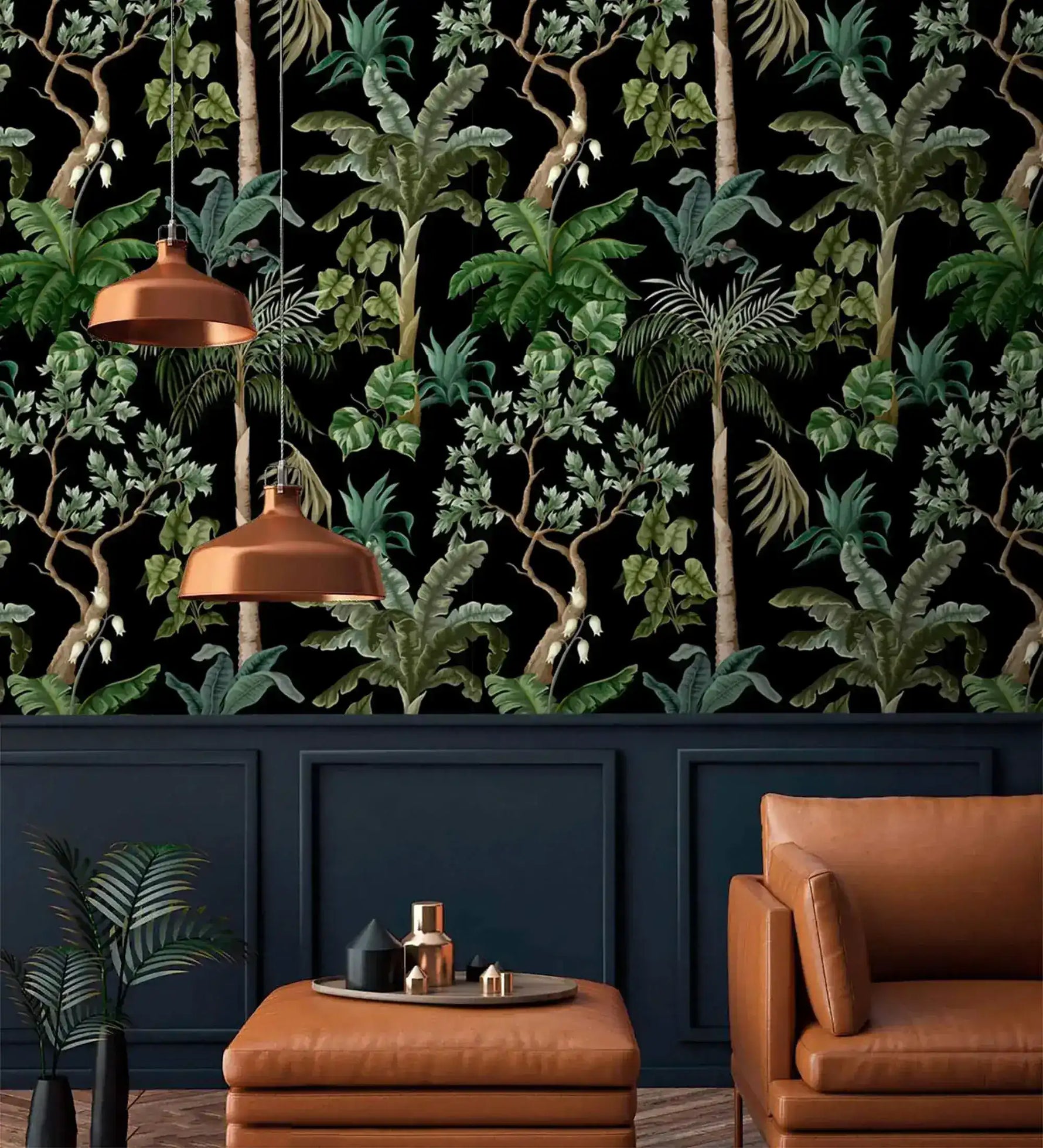 Copper pendants and tan leather seating against jungle foliage palm wallpaper on navy panelling