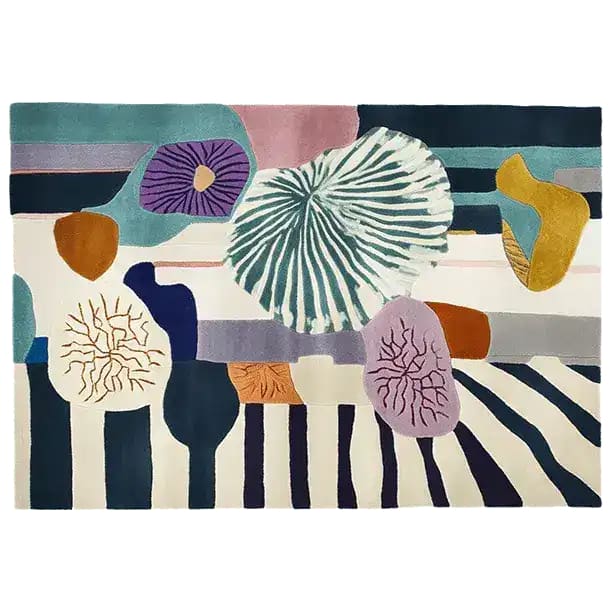 The Coral Code Hand Tufted Rug is a vibrant area rug with abstract designs in teal, purple, and mustard tones. Perfect for adding a contemporary touch to living rooms, this 8x10 wool rug features unique patterns reminiscent of coral shapes, making it an ideal choice for those seeking stylish area rugs for living rooms.