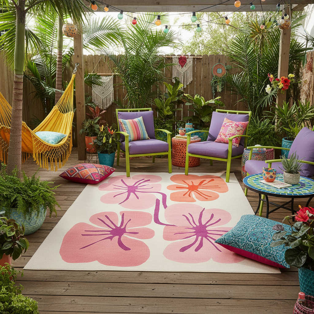 Colorful outdoor patio with floral rug, chairs, and hammock