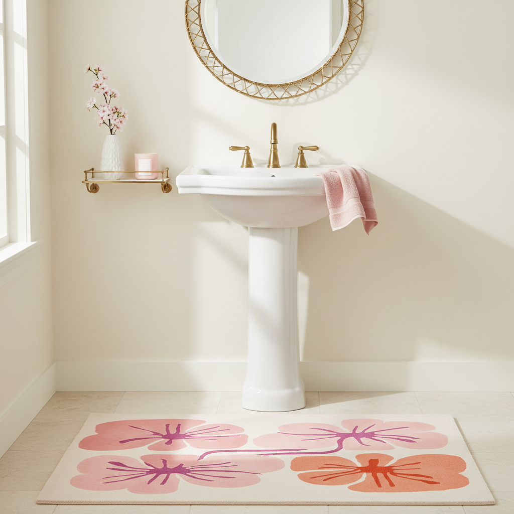 Bathroom with a sink, mirror, and floral-patterned rug.