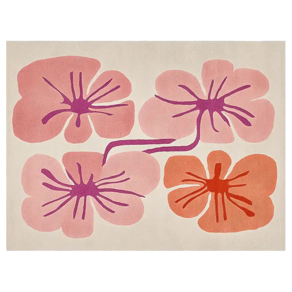 The Coral Dreamscape Hand Tufted Wool Area Rug features a vibrant abstract floral design with bold pink and orange shapes on a soft neutral background. This artistic area rug adds a splash of color and modern style to any room.