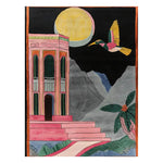 This area rug features a vibrant and artistic design with a colorful building, a flying bird, and a moonlit mountain landscape. The intricate hand-tufted wool showcases a blend of colors and patterns, creating a captivating visual centerpiece for any room.