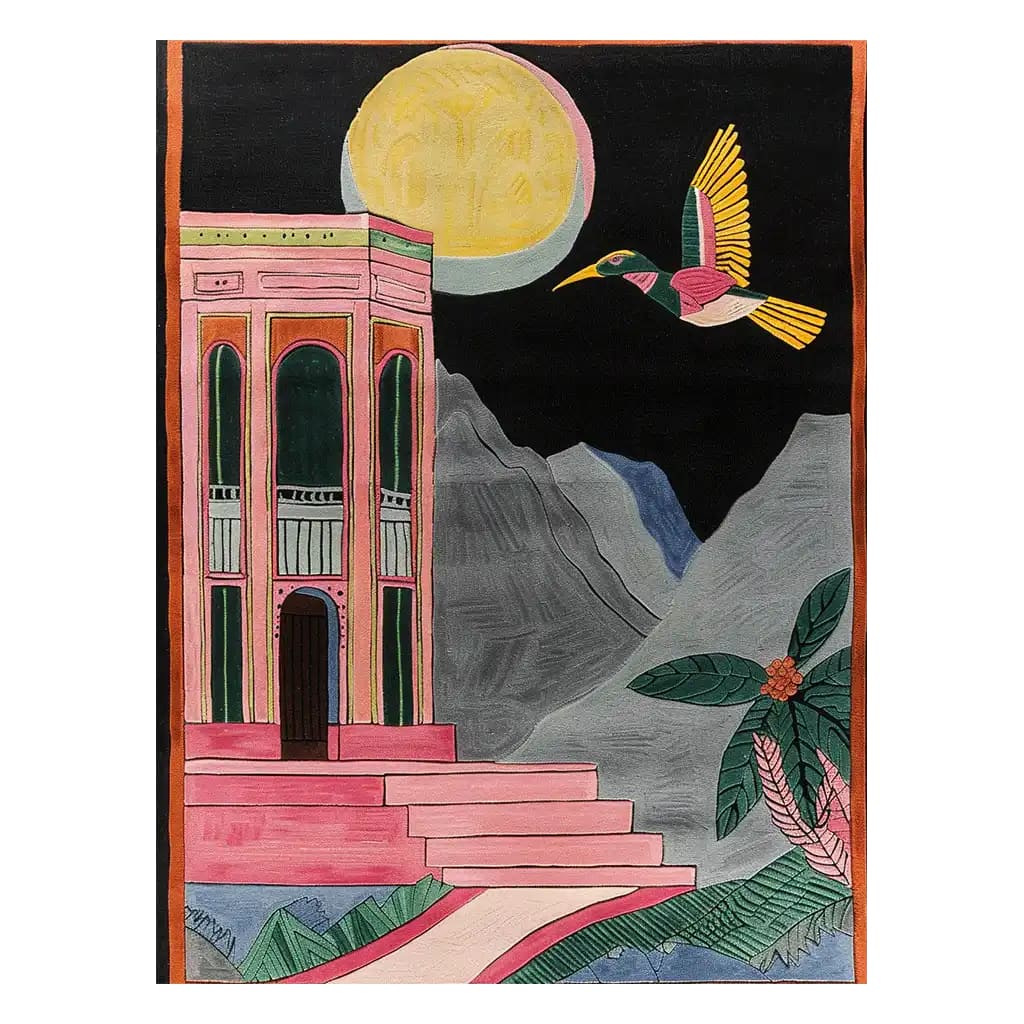 This area rug features a vibrant and artistic design with a colorful building, a flying bird, and a moonlit mountain landscape. The intricate hand-tufted wool showcases a blend of colors and patterns, creating a captivating visual centerpiece for any room.