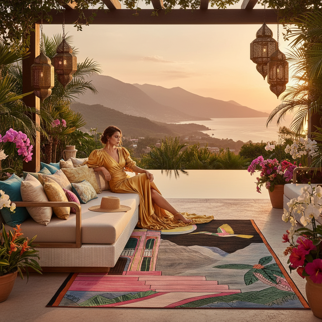 Woman in a gold dress sitting on a couch with a scenic view of mountains and sea.