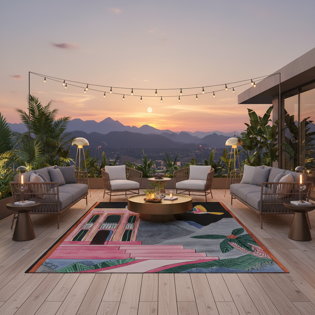 Outdoor patio with furniture, rug, and sunset view