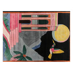 Vibrant area rug featuring a colorful abstract design with a pink architectural element, lush green foliage, and a bird with yellow wings set against a dark background.