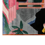 A close-up view of the Coral Fan Cascade Hand Tufted Wool Rug, showcasing vibrant abstract patterns with pink, green, and grey colors, and intricate leaf designs, perfect for adding a splash of creativity to any room.