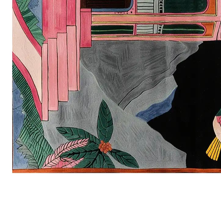 A close-up view of the Coral Fan Cascade Hand Tufted Wool Rug, showcasing vibrant abstract patterns with pink, green, and grey colors, and intricate leaf designs, perfect for adding a splash of creativity to any room.