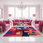 Modern living room with pink sofas and a colorful rug.