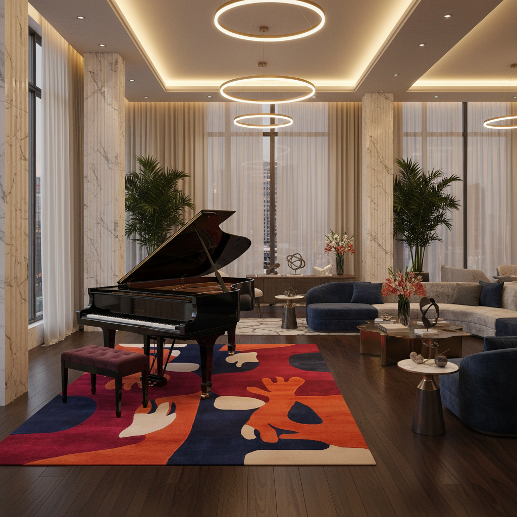 Modern living room with a grand piano, colorful rug, and stylish decor.