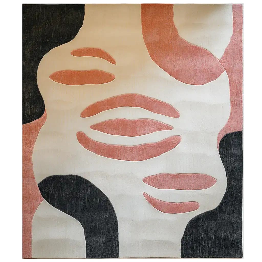 Coral Whisper hand tufted wool area rug featuring an abstract design with coral, black, and cream shapes, displayed in a top view.