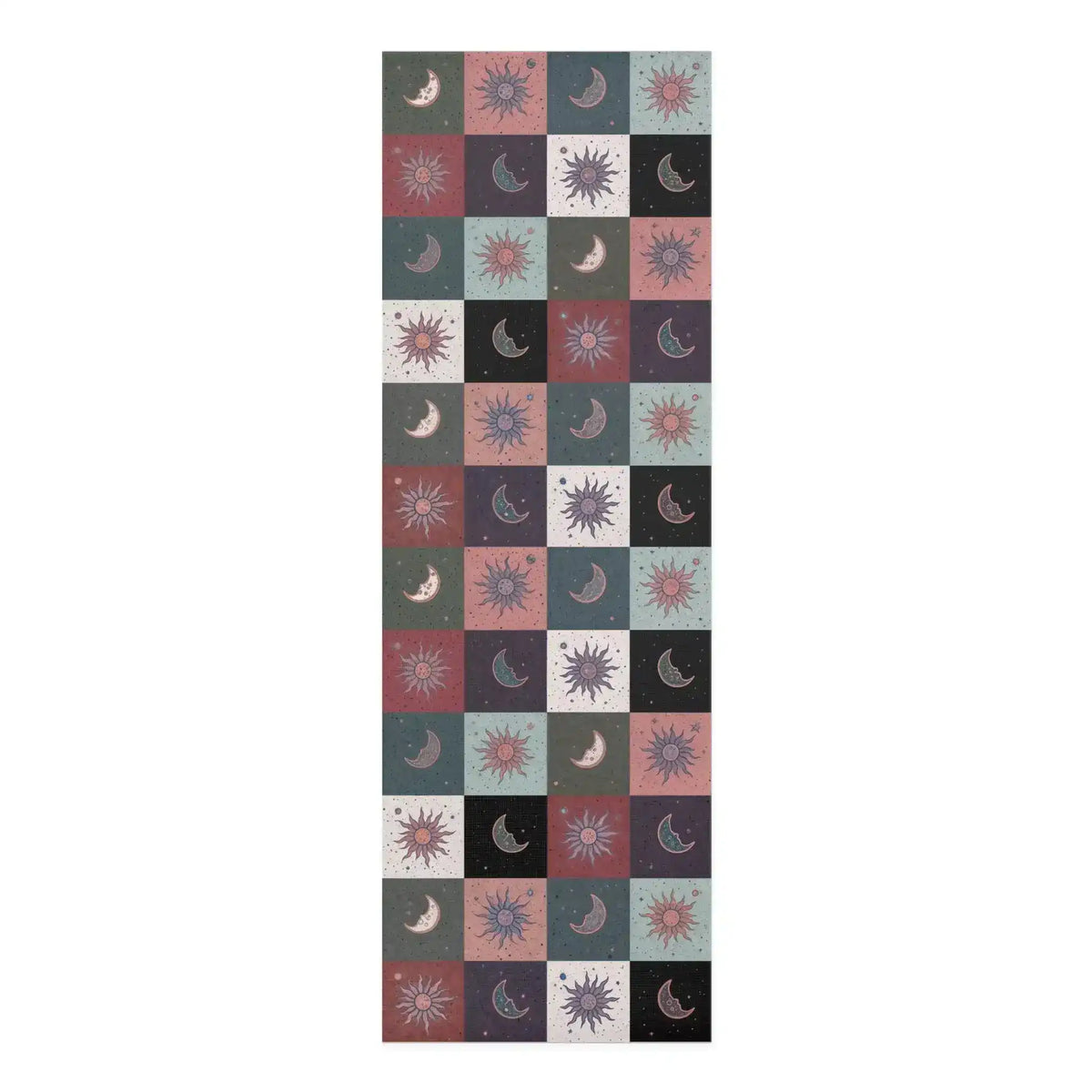 Full-length Cosmic Balance mat, checkerboard of muted sun and moon tiles in mauve, teal and charcoal