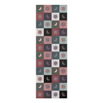 Full-length Cosmic Balance mat, checkerboard of muted sun and moon tiles in mauve, teal and charcoal