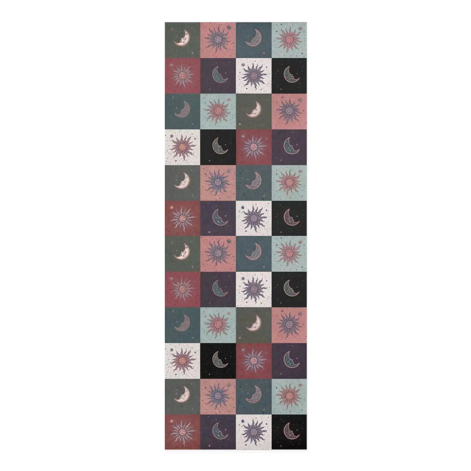 Full-length Cosmic Balance mat, checkerboard of muted sun and moon tiles in mauve, teal and charcoal